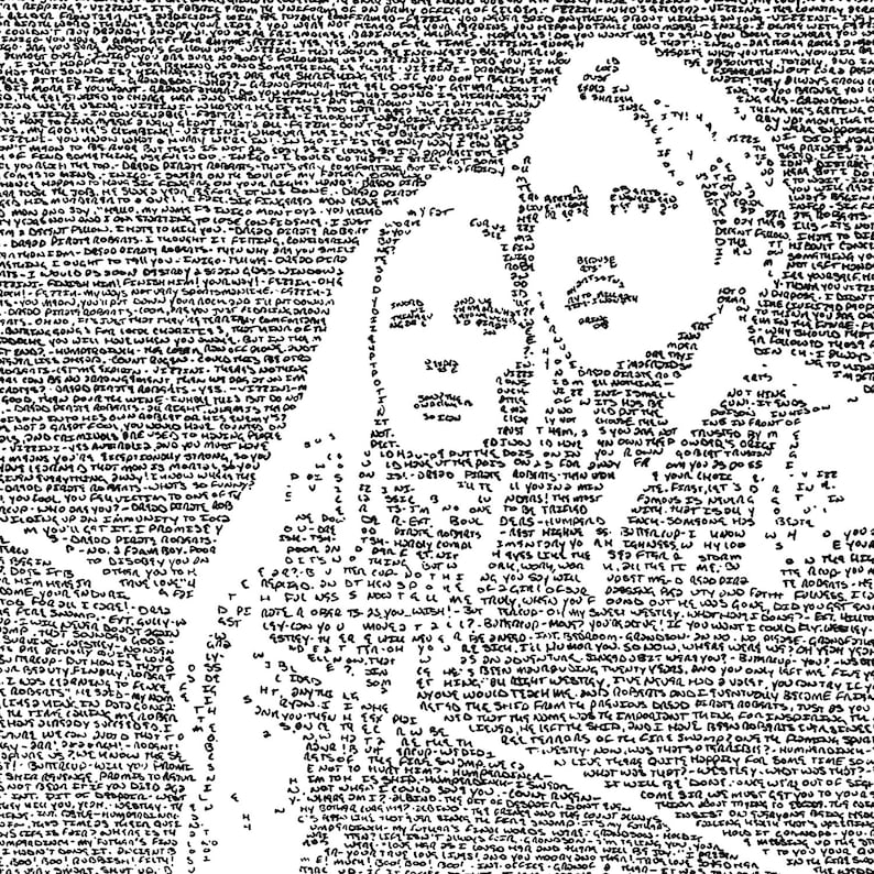 Op de afbeelding: Zwart-wit portret van twee mensen gemaakt met behulp van tekst. De tekst is in verschillende lettertypen en maten en is zo gerangschikt dat de contouren van de gezichten worden gevormd. De tekst bevat zinnen als "You only left me five years ago" en "I would tech me".