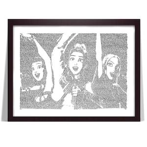 May include: A framed print featuring a black and white illustration of three animated women with raised arms and open mouths. The image is composed of small text, creating a unique visual texture. The frame is dark brown.