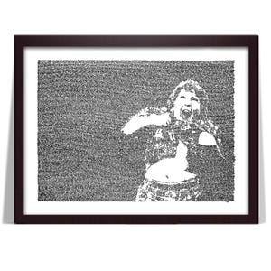 May include: A black and white image of a person singing into a microphone. The image is made up of tiny words and letters.