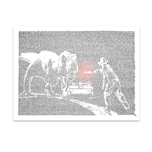 Puede incluir: Una ilustraci&oacute;n en blanco y negro de un dinosaurio y una persona sosteniendo un arma. La imagen est&aacute; hecha de texto diminuto.