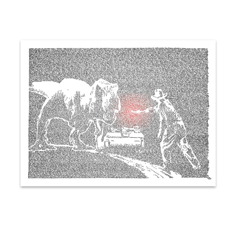 Puede incluir: Una ilustraci&oacute;n en blanco y negro de un dinosaurio y una persona sosteniendo un arma. La imagen est&aacute; hecha de texto diminuto.