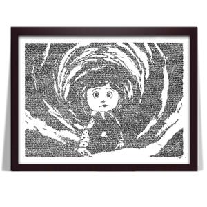 May include: Framed black and white art print featuring a young girl in a dark coat, standing in a tunnel-like structure. The image is composed of small text, creating a textured effect. The frame is a dark brown color.