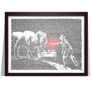 May include: A framed wall art print featuring a typographic illustration composed of dense black text. The image depicts a large dinosaur facing a figure in a hat, with a vehicle in the background and a soft red glow between the two main subjects.