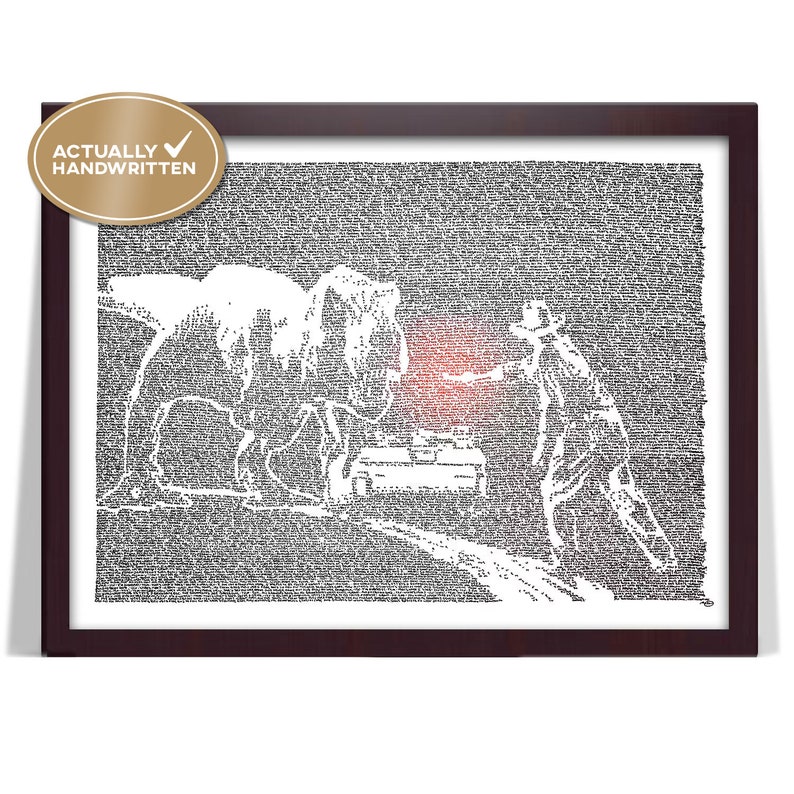Puede incluir: Una imagen en blanco y negro de un Tyrannosaurus Rex y una persona sosteniendo una bengala, creada usando texto de la pel&iacute;cula Jurassic Park. La imagen est&aacute; enmarcada en un marco de madera oscura.
