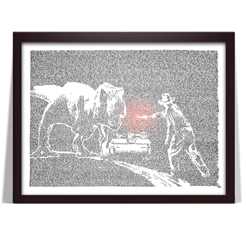 Puede incluir: Una ilustraci&oacute;n en blanco y negro de un Tyrannosaurus Rex y una persona sosteniendo una pistola de bengalas. La imagen est&aacute; hecha de texto.
