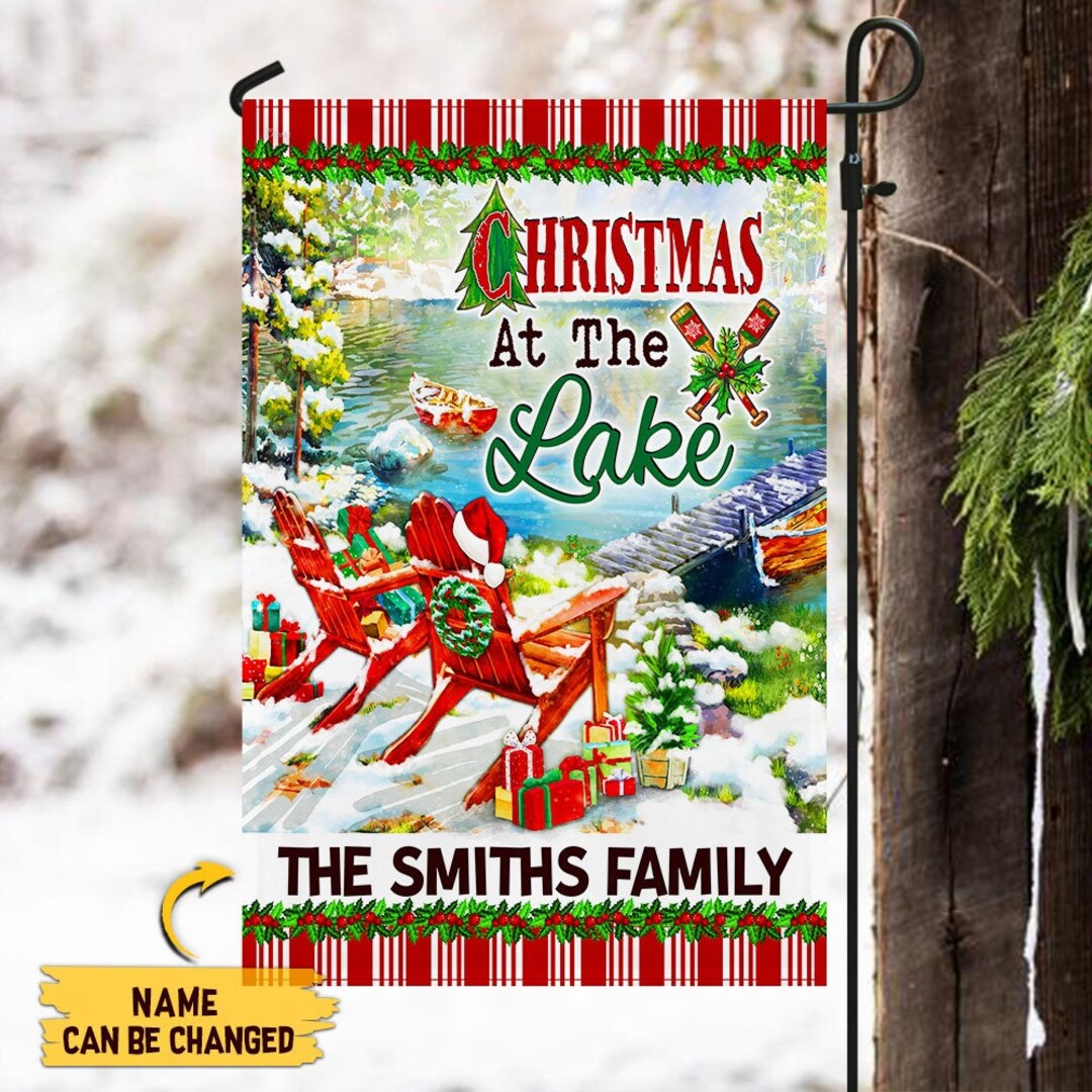 Personalized Christmas at the Lake House Flag, Custom Family Name
