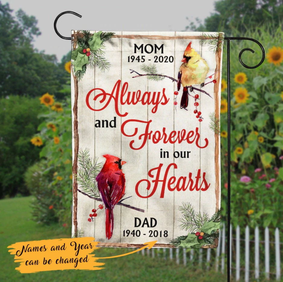Discover Personalized Memorial Cardinal Bird Flag, Always And Forever In Our Hearts Garden Flag