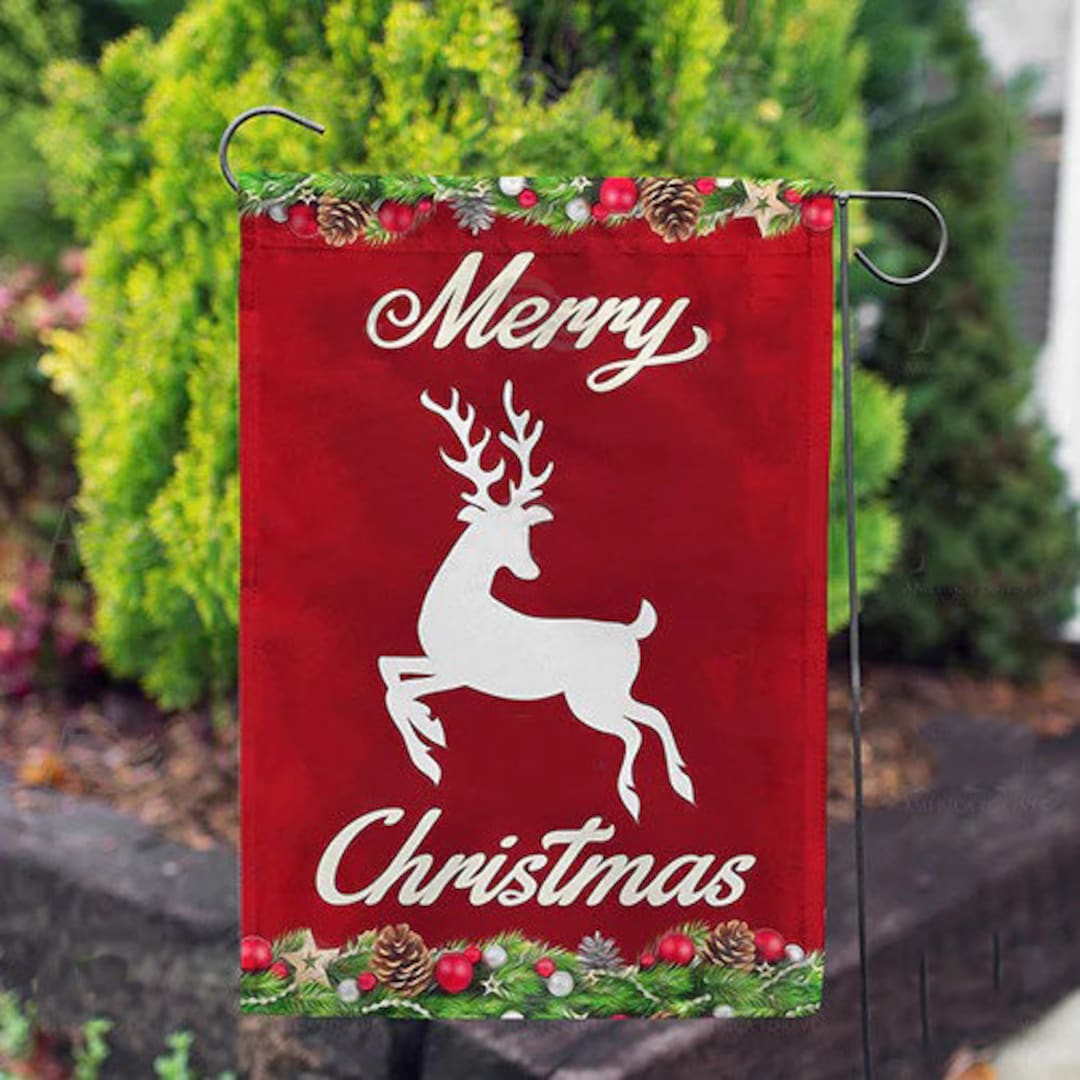 Merry Christmas White Deer Double Sided Garden Flag Red Etsy