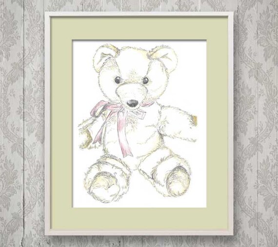 Teddy Przedszkola Sztuki Print Ilustracji Miś Szkic Ręcznie Rysowane Ilustracji A4 8x10 żółty I Szary Szkic Ołówkiem