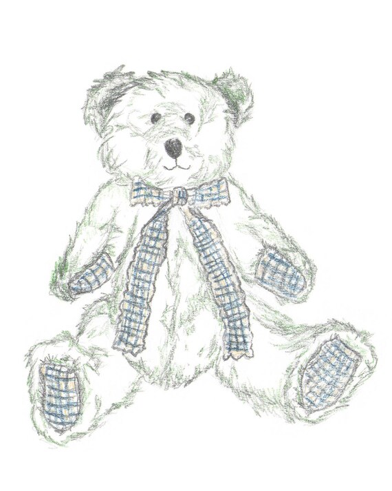 Przedszkola Sztuki Teddy Rysunek Teddy Sketch Dzieci Sztuki Ręcznie Rysowane Ilustracji A4 8x10 Zielony I Niebieski Krata Ołówek Szkic