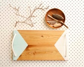 Rope Handled Serving Board, Hand Painted Geometric Triangles, Duck Egg Blue and White, Cyprus Wood, Eco Gift, Upcycled Wedding Kitchen gift