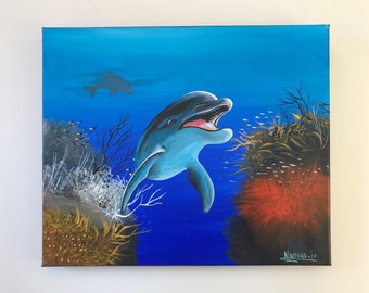 Original Acrylic painting on stretched Canvas - Underwater - Marine - Endangered - Size: 30 X 25 X 1.5 cm. Dolphin - Ocean Art