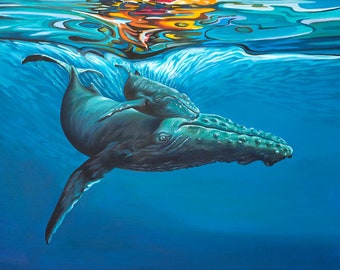 Humpback Whale , Giclée print, original fish art, Canvas print, Ocean art, Trout, wall art, Endangered Species, Canvas/Paper 11 X 7.2 inches