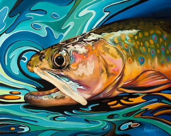 Trout Painting, Giclée print, original fish art, Canvas print, Ocean art, Trout, wall art, Fly fishing, Canvas 32 x 24 in approximately