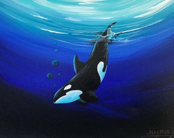 Original Acrylic painting on stretched Canvas - Underwater - Marine - Endangered - Size: 30 X 25 X 1.5 cm. Whale shark - Ocean Art