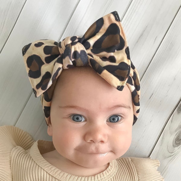 Leopard Cotton Head wrap,  Bow Headband. Baby girl, newborn , Headwrap turban plum, pink, leopard, mustard, beige