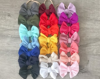 Cotton bows, 24 colors, fall  mustard, plum, orange, yellow, white, pink Nylon Bow Headband. Baby girl, newborn , Head wrap fabric