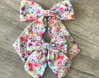 Long Tail Floral Bow, Fabric Hair bow girls  on Clip, pinwheel Bow, Flower print pink, blue, purple