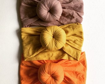 SET of (3) TURBANS Head wraps Bows, Fabric nylon knot headbands, Large pack of baby and girls hairwraps, Taupe, Orange, Mustard Yellow