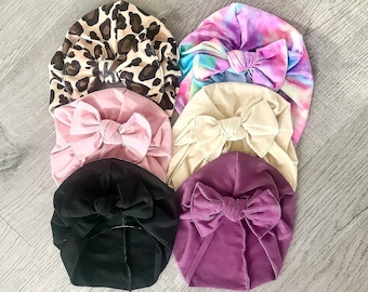 Turban Bow Hat | Bow Beanie | baby girl pink, leopard print, cream, plum purple soft stretchy cap newborn