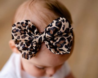 Leopard print Chiffon Bow, Fabric head wrap, knot headband, baby girls, newborn hairbow, cheetah