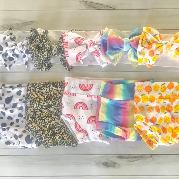 Bummies Head wrap SET, baby toddler girl summer outfit, bloomers shorts, headband bow, clothes, lemon, cow print, leopard, rainbow, tie dye