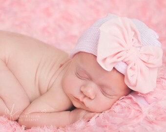 Newborn Hospital Hat | Beanie Bow | baby girl pink soft stretchy cap