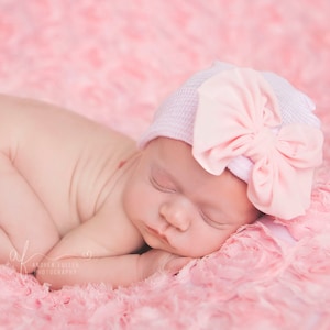 Newborn Hospital Hat Beanie Bow baby girl pink soft stretchy cap image 1