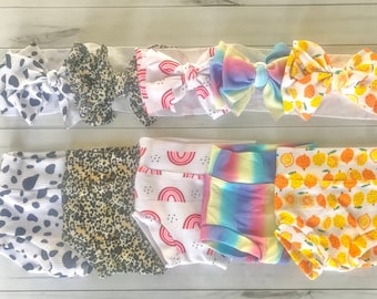Bummies Head wrap SET, baby toddler girl summer outfit, bloomers shorts, headband bow, clothes, lemon, cow print, leopard, rainbow, tie dye