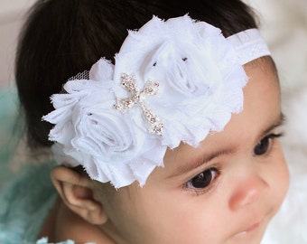 Christening bow, Baby girl Headband, newborn headband, satin rosette baptism, white cross