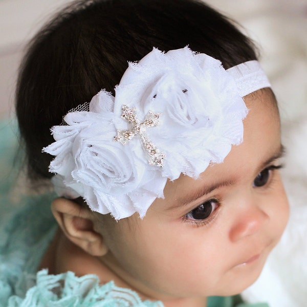 Christening bow, Baby girl Headband, newborn headband, satin rosette baptism, white cross