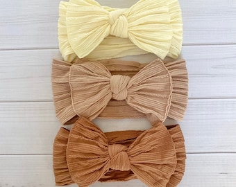 SET of (3) NUETRAL knit Nylon Head wraps Bows, pack of girls hairwraps ivory, beige, taupe, cream, tan,  Brown baby newborn toddler bows