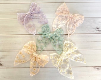 Long Tail Lace Bow, Fabric Hair bow 4 girls  on Clip, pinwheel bow, lavender white, Pink, Beige, Wedding Big sheer fancy bow, clip large