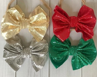 Christmas Bows- Shimmer HairBows- Glittery nylon wraps 4 newborn, baby, girls Clip Red Green Gold Silver