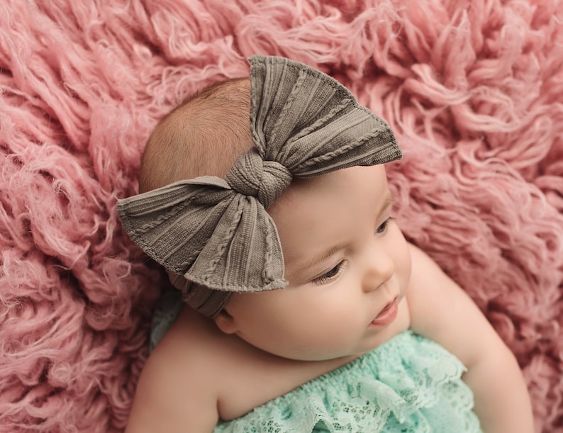 U CHOOSE Color cable knit Nylon Head wrap, vintage pink White Bow Headband. Baby girl, newborn, Toddler Headwrap turban, Red Black Lavender image 6