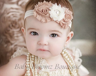Baby Headband Ivory Beige Vintage Headband Shabby Headband Baby Bows girl Headband Hair bow Flower Headband Newborn Headband