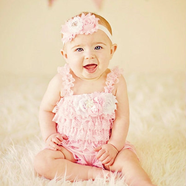 Petti Romper Headband SET,  Pink Lace romper & baby headband, hair bow, outfit, pettiromper girl
