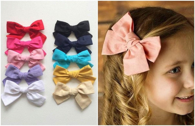 U PICK Cotton Bow, Fabric Hair bow 4 girls on Clip, pinwheel knot bow, white pink black mustard image 1