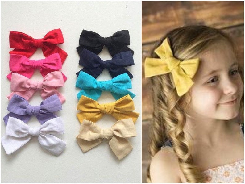 U PICK Cotton Bow, Fabric Hair bow 4 girls on Clip, pinwheel knot bow, white pink black mustard image 5