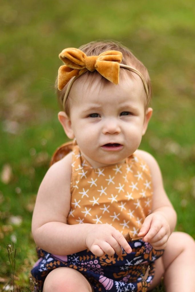 U PICK Velvet Bow Mustard Black hair bow  baby headband Fabric Knot b…