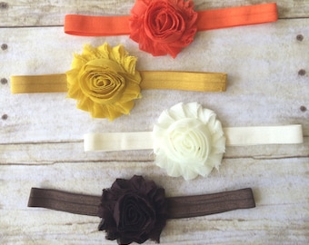 Fall Headband SET, 4 shabby bows 4 baby, newborn girls. Autumn Clips or hairbands. Mustard, brown, ivory Halloween