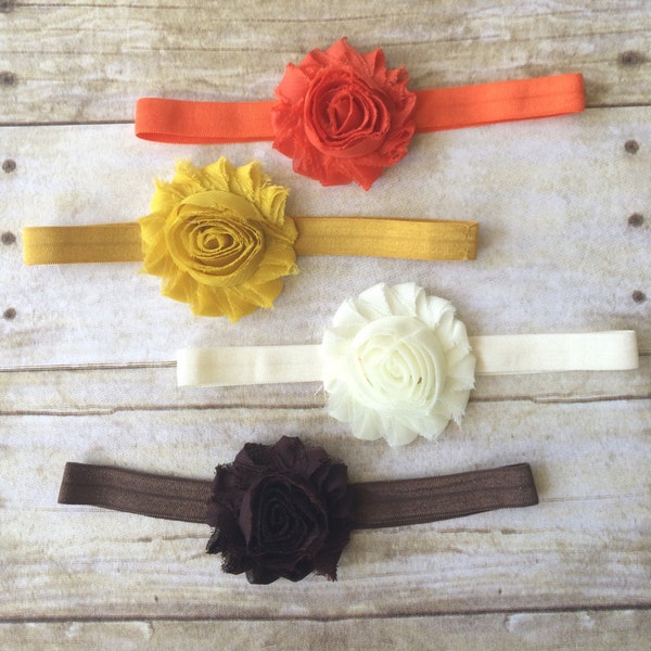 Fall Headband SET, 4 shabby bows 4 baby, newborn girls. Autumn Clips or hairbands. Mustard, brown, ivory Halloween