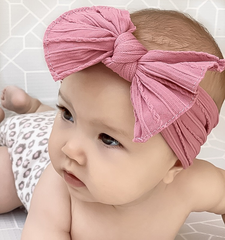 U CHOOSE Color cable knit Nylon Head wrap, vintage pink White Bow Hea…