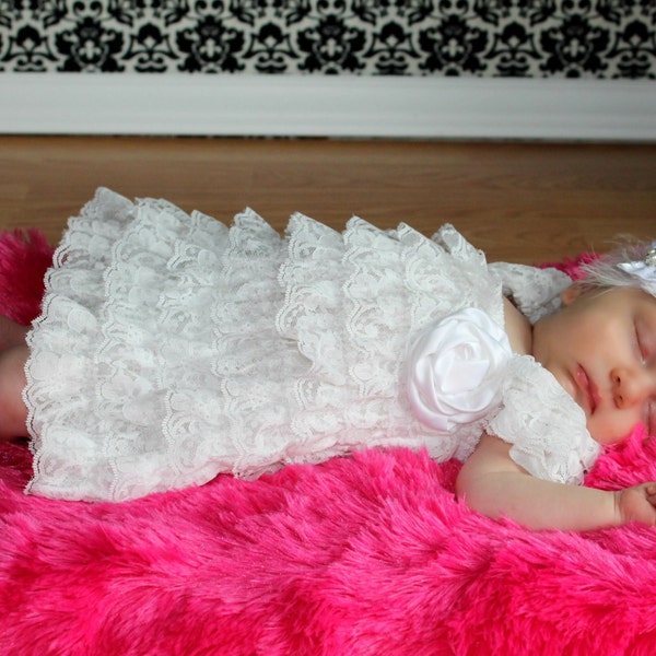 Vintage White christening Lace Dress Only, Blessing Petti Lace Romper, Ruffled Dress, Baby girl & newborn, Pettidress