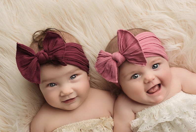 U CHOOSE Color cable knit Nylon Head wrap, vintage pink White Bow Headband. Baby girl, newborn, Toddler Headwrap turban, Red Black Lavender image 1