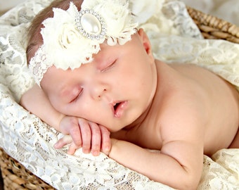 Elfenbein Spitze Stirnband, Baby Shabby Chic Stirnband, Neugeborene Mädchen Blume Schleife