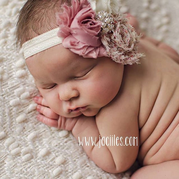 Vintage floral Baby headband, Shabby flower headband toddler and newborn girl, hair bow