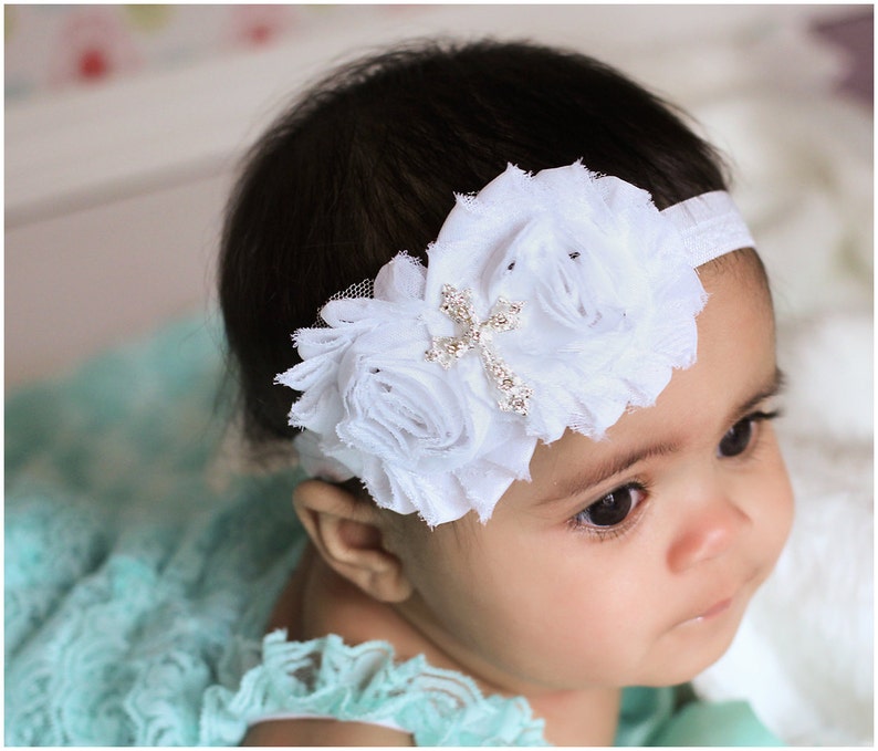 Christening bow, Baby girl Headband, newborn headband, satin rosette baptism, white cross image 1