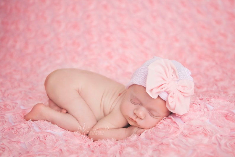 Newborn Hospital Hat Beanie Bow baby girl pink soft stretchy cap image 1