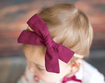 Burgundy cotton bow,  Headband Baby bow, pinwheel fabric headband, newborn headband, nylon girl